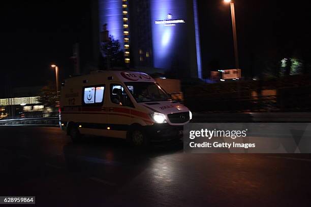 Ambulances arrive at the scene after explosions near the Besiktas Vodaphone Arena on December 10, 2016 in Istanbul, Turkey. According to reports, at...