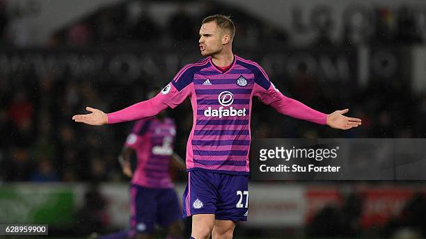 Sunderland player Jan Kirchoff reacts during the Premier League match between Swansea City and Sunderland at Liberty Stadium on December 10, 2016 in...