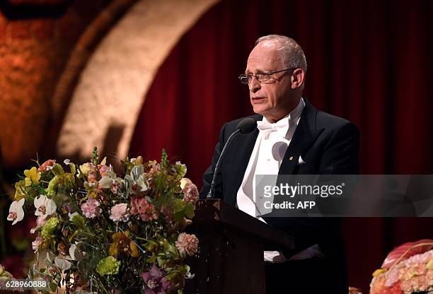 Economic Sciences laureate Oliver Hart delivers his Banquet Speech at the 2016 Nobel Prize banquet at the Stockholm City Hall on December 10, 2016. /...