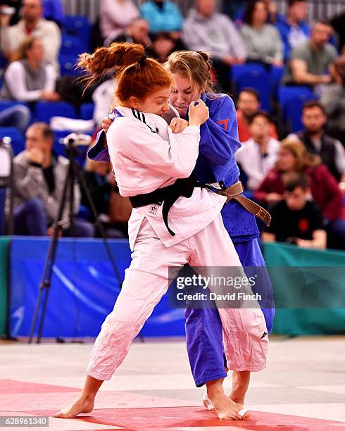 Lubjana Piovesana of Bishop Challoner JC , here attacking, defeated Annie Boby of Osaka Judo Club by an ippon on her way to the u63kg gold medal...