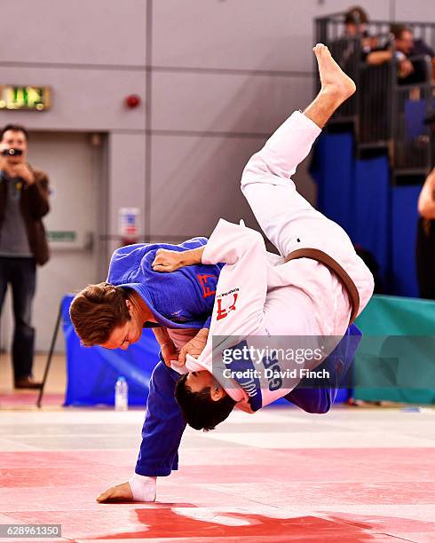 Benjamin Caldwell of Felixstowe JC, throws Daniel Holt of Osaka JC for an ippon with an inner thigh throw on his way to 7th place in the u60kg...