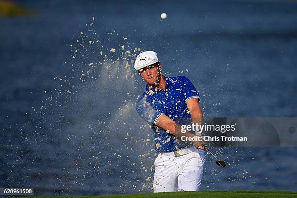 Bryson DeChambeau hits third shot on the 18th hole during the final round of the Franklin Templeton Shootout at Tiburon Golf Club on December 10,...