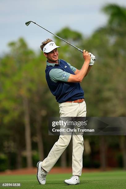 Harris English hits his second shot on the 6th hole during the final round of the Franklin Templeton Shootout at Tiburon Golf Club on December 10,...