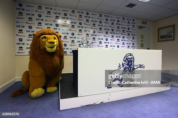 Giant lion cuddly toy in the Millwall press conference room before the Sky Bet League One match between Millwall and Shrewsbury Town at The Den on...