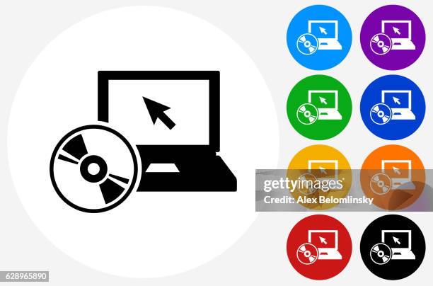 dvd player icon on flat color circle buttons - dvd player stock illustrations