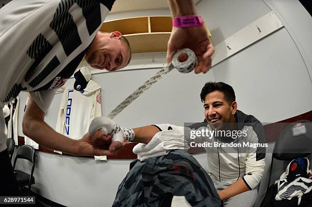 Matthew Lopez gets his hands wrapped backstage during the UFC 206 event inside the Air Canada Centre on December 10, 2016 in Toronto, Ontario, Canada.