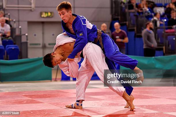 Showgo Kimura of Ealing JC throws Dylan Munro of Edinburgh JC for an ippon om his way to the u81kg gold medal during the 2016 British Junior Judo...