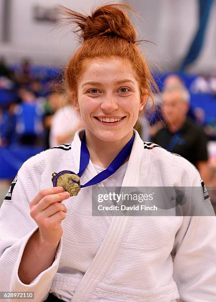 Lubjana Piovesana of Bishop Challoner JC proudly shows her u63kg gold medal after winning all of her seven contests by ippon during the 2016 British...