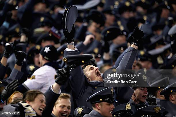 Cadet celebrates during the end of the Army Black Knights win over the Navy Midshipmen at M&T Bank Stadium on December 10, 2016 in Baltimore,...