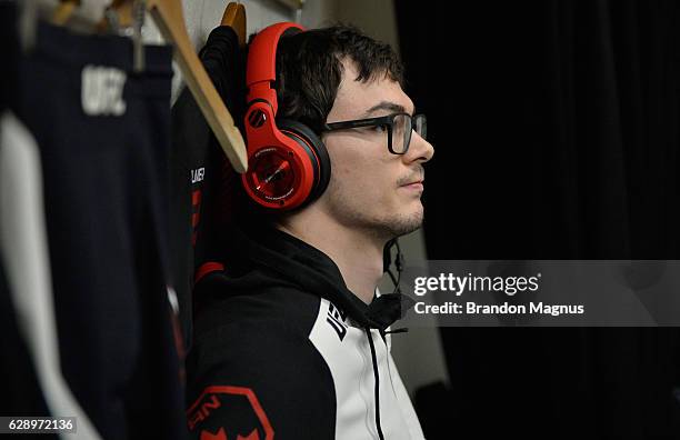 Olivier Aubin-Mercier of Canada relaxes backstage during the UFC 206 event inside the Air Canada Centre on December 10, 2016 in Toronto, Ontario,...