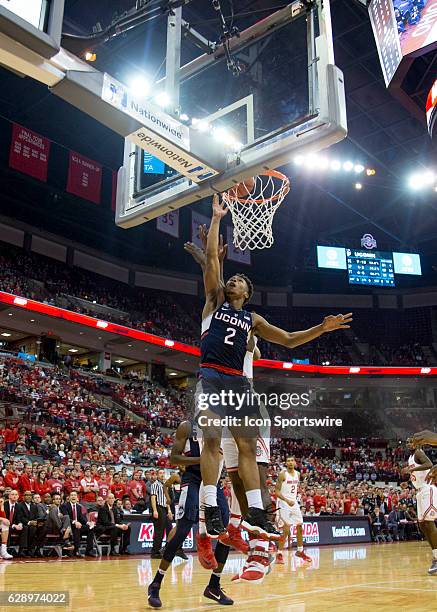 Connecticut Huskies guard Jalen Adams attempts a lay up during the first half in the game against the Ohio State Buckeyes at the Value City Arena in...