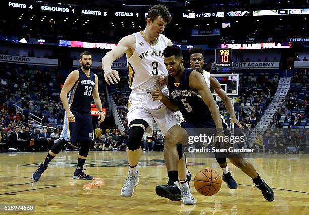 Andrew Harrison of the Memphis Grizzlies drives the ball around Omer Asik of the New Orleans Pelicans during a game at the Smoothie King Center on...