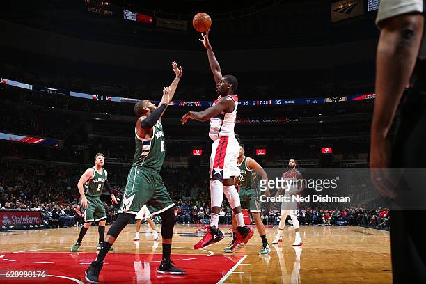 Andrew Nicholson of the Washington Wizards shoots the ball against the Milwaukee Bucks during the game on December 10, 2016 at Verizon Center in...