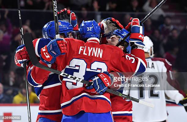Brian Flynn of the Montreal Canadiens celebrates after scoring a goal against the Colorado Avalanche in the NHL game at the Bell Centre on December...