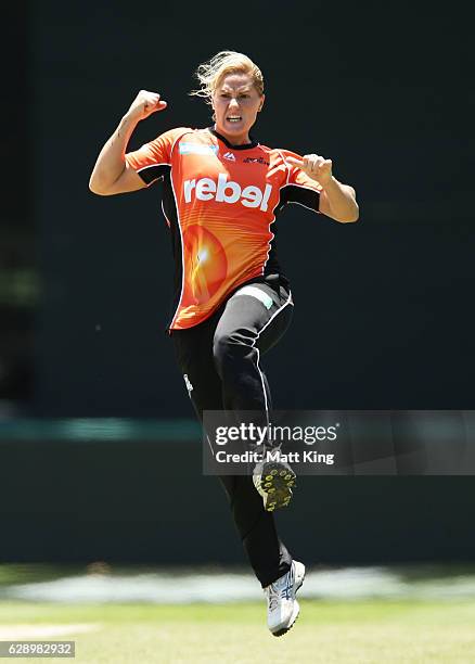 Katherine Brunt of the Scorchers celebrates taking the wicket of Hayley Matthews of the Hurricanes during the Women's Big Bash League match between...