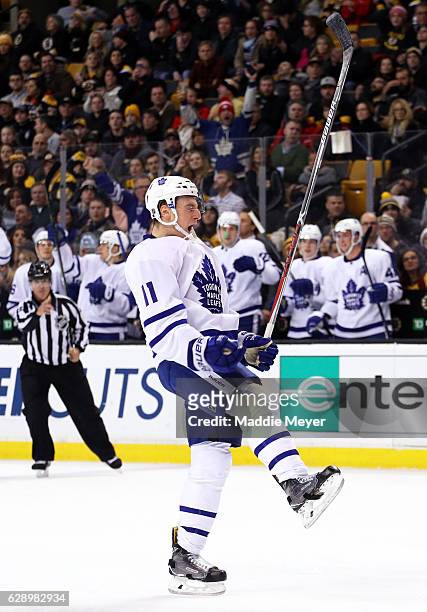 Zach Hyman of the Toronto Maple Leafs celebrates after scoring against the Boston Bruins during the second period at TD Garden on December 10, 2016...