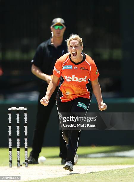 Katherine Brunt of the Scorchers celebrates taking the wicket of Hayley Matthews of the Hurricanes during the Women's Big Bash League match between...