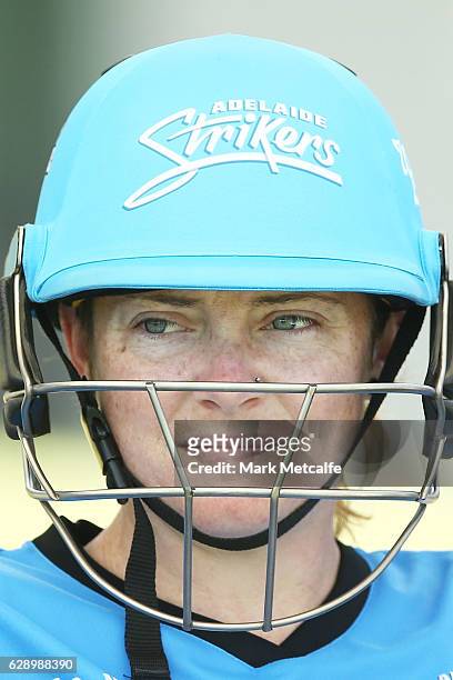 Sarah Coyte of the Strikers waits to bat during the Women's Big Bash League match between the Melbourne Renegades and the Adelaide Strikers at North...