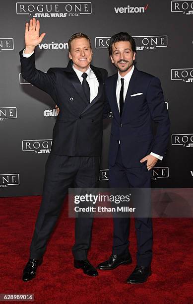 Actors Alan Tudyk and Diego Luna attend the premiere of Walt Disney Pictures and Lucasfilm's "Rogue One: A Star Wars Story" at the Pantages Theatre...