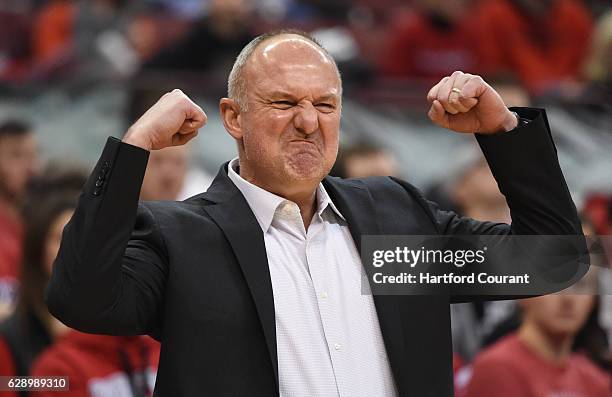 Ohio State head coach Thad Matta encourages his team to get tough against Connecticut at Value City Arena in Columbus, Ohio, on Saturday, Dec. 10,...