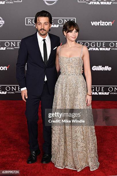 Actors Diego Luna and Felicity Jones attend the premiere of Walt Disney Pictures and Lucasfilm's "Rogue One: A Star Wars Story" at the Pantages...