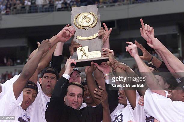 Head coach Mike Krzyzewski and the Duke players all celebrate after defeating Arizona 82-72 in the NCAA National Championship Game of the Men's Final...