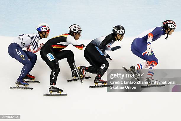 Paul Beauchamp of France, Kei Saito of Japan, Da Woon Sin of Korea and Felix Spiegl of Germany competes in the men's 500m Quarterfinals on day two of...