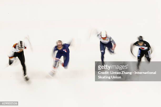 Paul Beauchamp of France, Kei Saito of Japan, Da Woon Sin of Korea and Felix Spiegl of Germany competes in the men's 500m Quarterfinals on day two of...