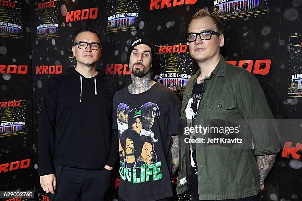 Musicians Mark Hoppus, Travis Barker and Matt Skiba of the band Blink-182 attend 106.7 KROQ Almost Acoustic Christmas 2016 - Night 1 at The Forum on...