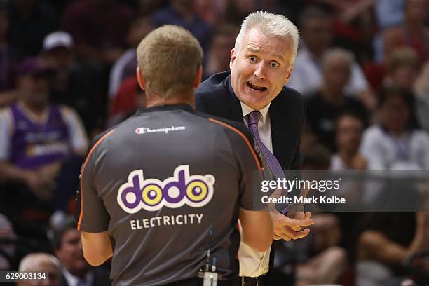 Kings head coach Andrew Gaze shows his frustration to the umpire during the round 10 NBL match between the Sydney Kings and Melbourne United at Qudos...