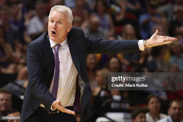 Kings head coach Andrew Gaze shows his frustration to the umpire during the round 10 NBL match between the Sydney Kings and Melbourne United at Qudos...