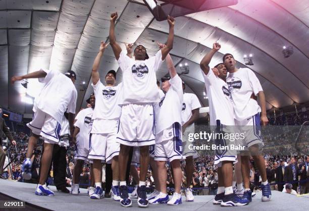 The Duke players celebrate after defeating Arizona 82-72 in the NCAA National Championship Game of the Men's Final Four tournament at the Metrodome...