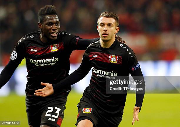 Vladlen Yurchenko of Leverkusen celebrates after scoring during the UEFA Champions League match between Bayer Leverkusen and AS Monaco at the...