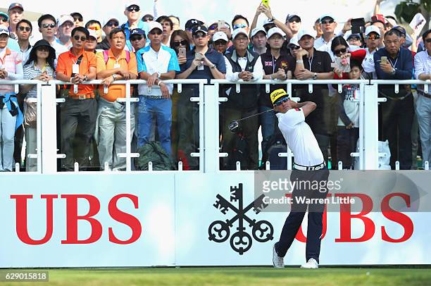 Rafa Cabrera Bello of Spain tees off on the first hole during the final round of the UBS Hong Kong Open at The Hong Kong Golf Club on December 11,...