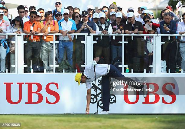 Rafa Cabrera Bello of Spain tees off on the first hole during the final round of the UBS Hong Kong Open at The Hong Kong Golf Club on December 11,...