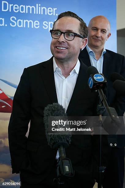 Qantas CEO Alan Joyce speaks to media at the launch of the new non-stop Perth to London Route commencing in 2018 on December 11, 2016 in Perth,...