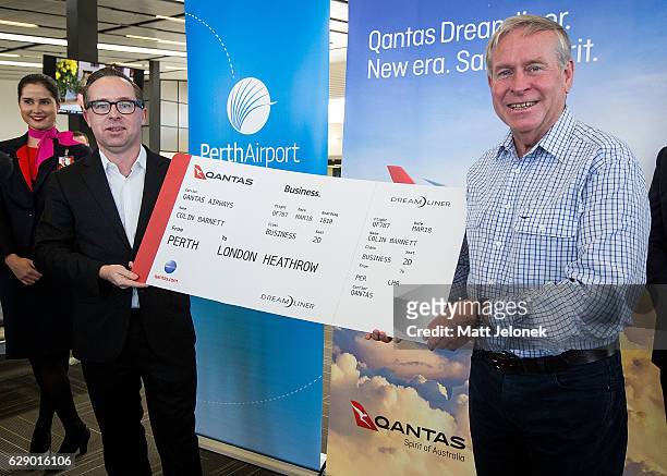 Qantas CEO Alan Joyce with Western Australian Premier Colin Barnett at the Launch of the new non-stop Perth to London Route commencing in 2018 on...