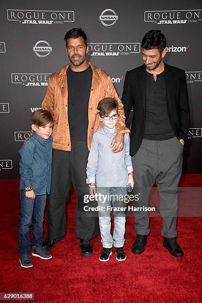 Musician Ricky Martin and Jwan Yosef and Valentino Martin and Matteo Martin attend the premiere of Walt Disney Pictures and Lucasfilm's "Rogue One: A...