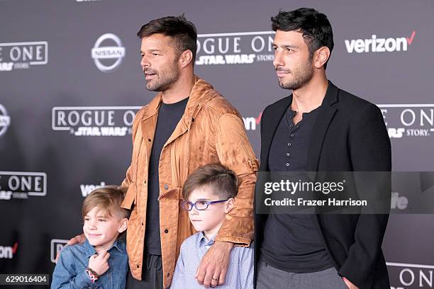 Musician Ricky Martin and Jwan Yosef and Valentino Martin and Matteo Martin attend the premiere of Walt Disney Pictures and Lucasfilm's "Rogue One: A...