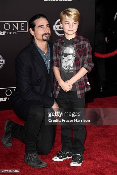 Musician Kevin Richardson and Mason Richardson attend the premiere of Walt Disney Pictures and Lucasfilm's "Rogue One: A Star Wars Story" at the...