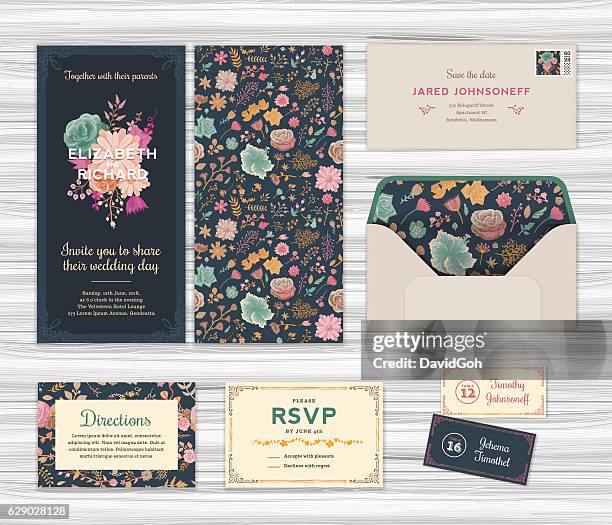 floral hochzeit einladung vorlage set - wedding invitation stock-grafiken, -clipart, -cartoons und -symbole