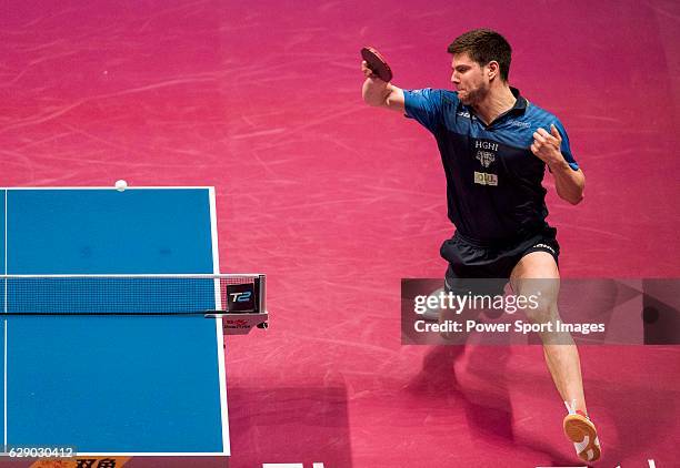 Dimitrij Ovtcharov of Germany in action against Fan Zhendong of China at their Men's Singles Quarter Final match during the Seamaster Qatar 2016 ITTF...