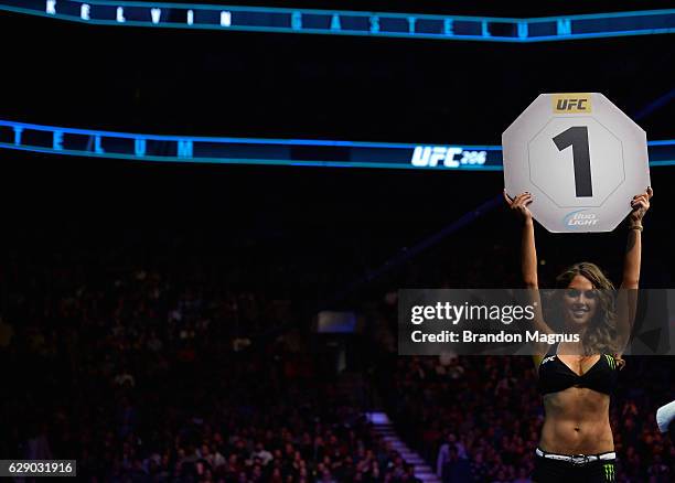 Octagon Girl Brittany Palmer introduces the second round during the UFC 206 event inside the Air Canada Centre on December 10, 2016 in Toronto,...