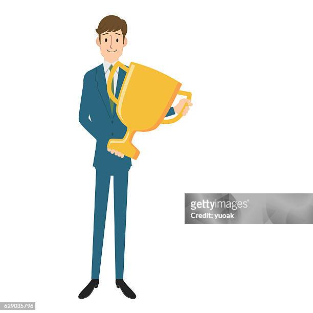 businessman holding a trophy - sports business awards 2016 stock illustrations