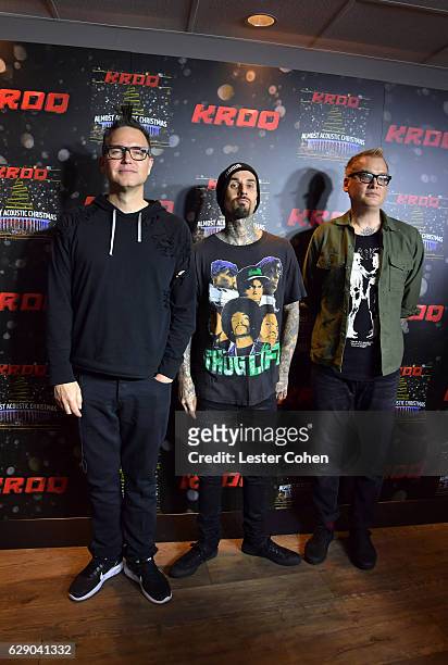 Mark Hoppus, Travis Bbarker and Matt Skiba of the band Blink 182 attend 106.7 KROQ Almost Acoustic Christmas 2016 - Night 1 at The Forum on December...