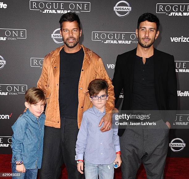 Recording artist Ricky Martin , artist Jwan Yosef , and sons Matteo Martin and Valentino Martin attend the premiere of "Rogue One: A Star Wars Story"...