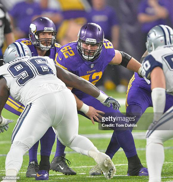 Nick Easton of the Minnesota Vikings blocks during an NFL game against the Dallas Cowboys at U.S. Bank Stadium December 1, 2016 in Minneapolis,...