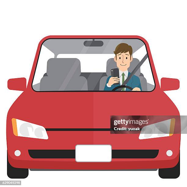 illustrazioni stock, clip art, cartoni animati e icone di tendenza di uomo in auto che guarda lo smartphone - seat belt