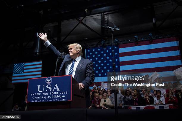 President-Elect Donald J. Trump waves as he walks out to speak at a "USA Thank You Tour 2016" event at the DeltaPlex in Grand Rapids, Mi. On Friday,...