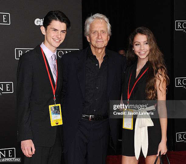 Dylan Michael Douglas, actor Michael Douglas and Carys Zeta Douglas attend the premiere of "Rogue One: A Star Wars Story" at the Pantages Theatre on...